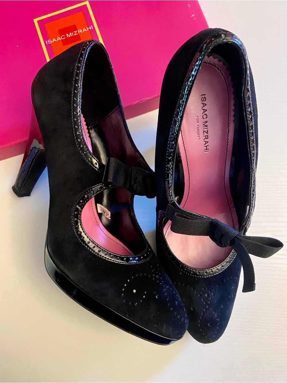 Isaac Mizrahi Black Suede Mary Jane Heels with patent trim and grosgrain ribbon